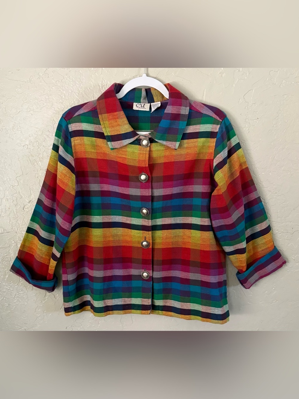 CXT Classics Rainbow Plaid Women’s Button Down Shirt Jacket Size MP Boho Artsy